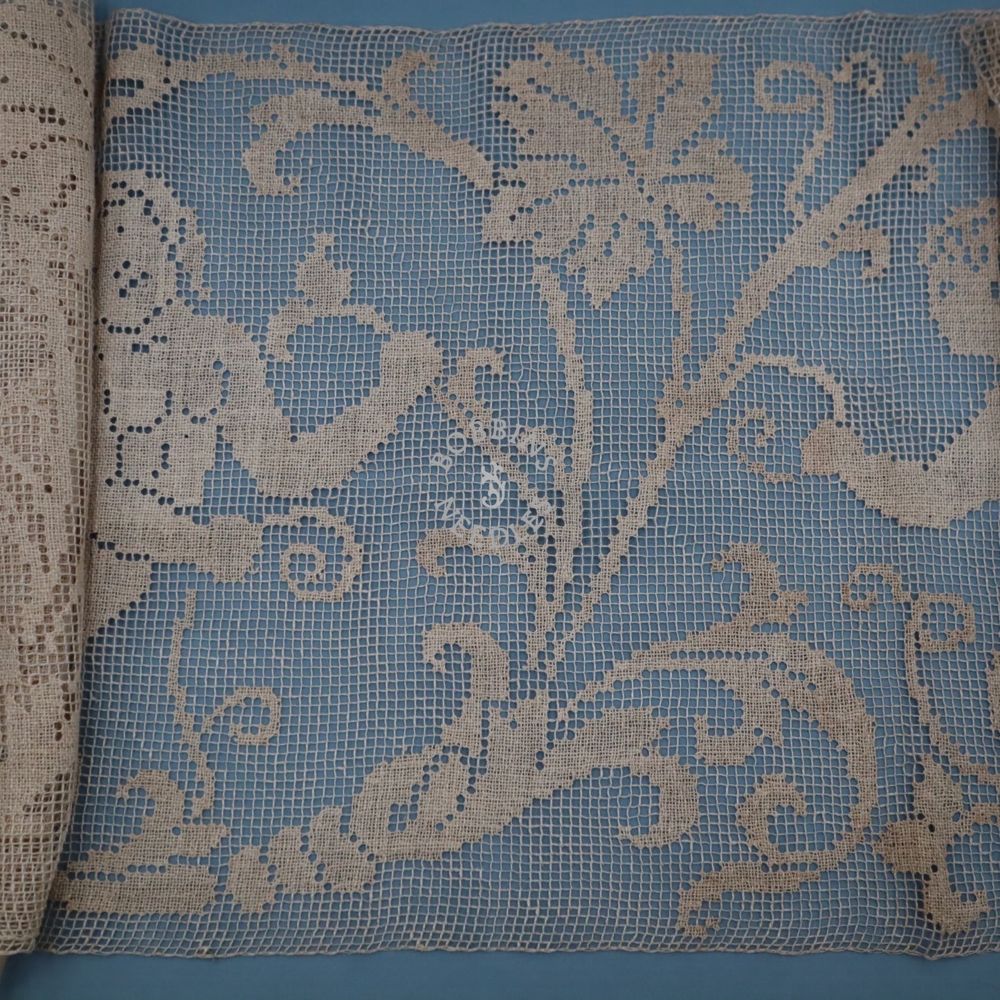 Handmade Filet Lace Panel with Putti and Cherub Motif – Antique European Linen Wall Hanging or Table Runner