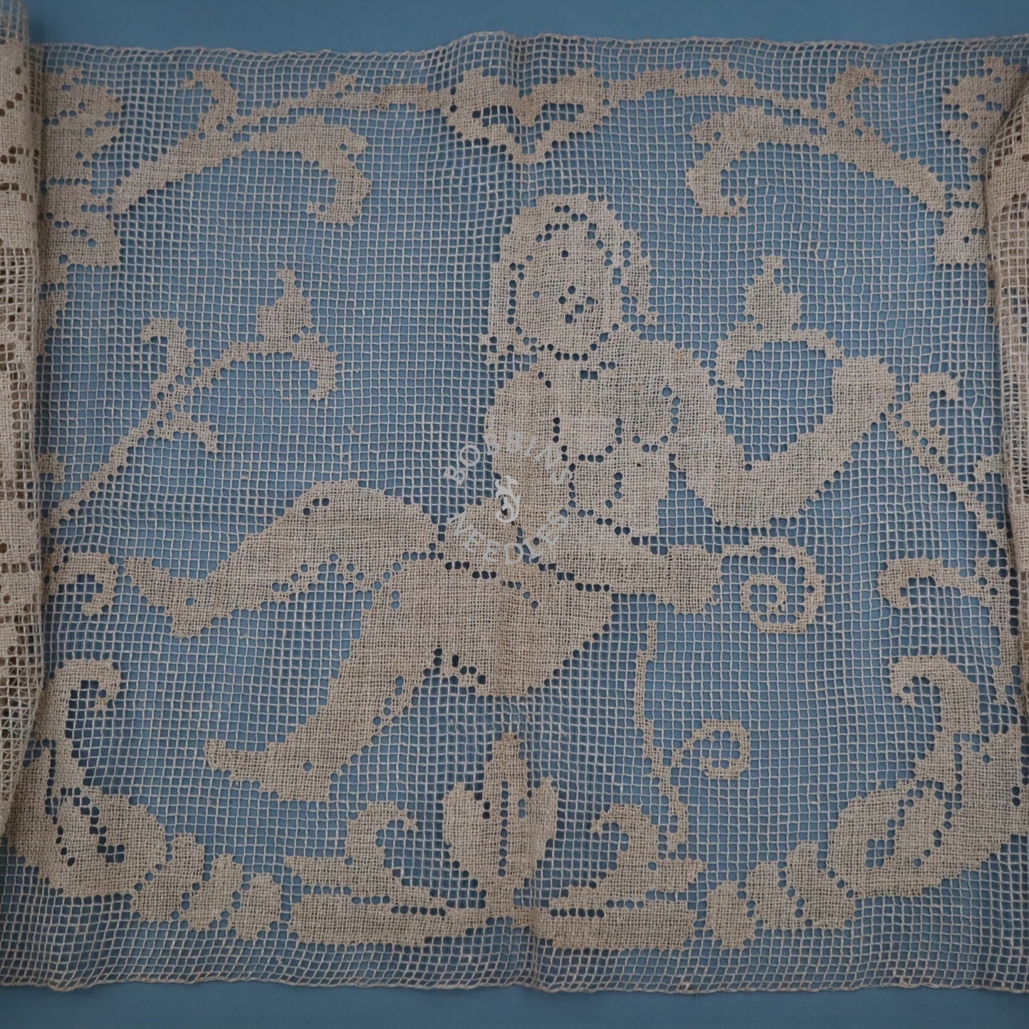 Handmade Filet Lace Panel with Putti and Cherub Motif – Antique European Linen Wall Hanging or Table Runner