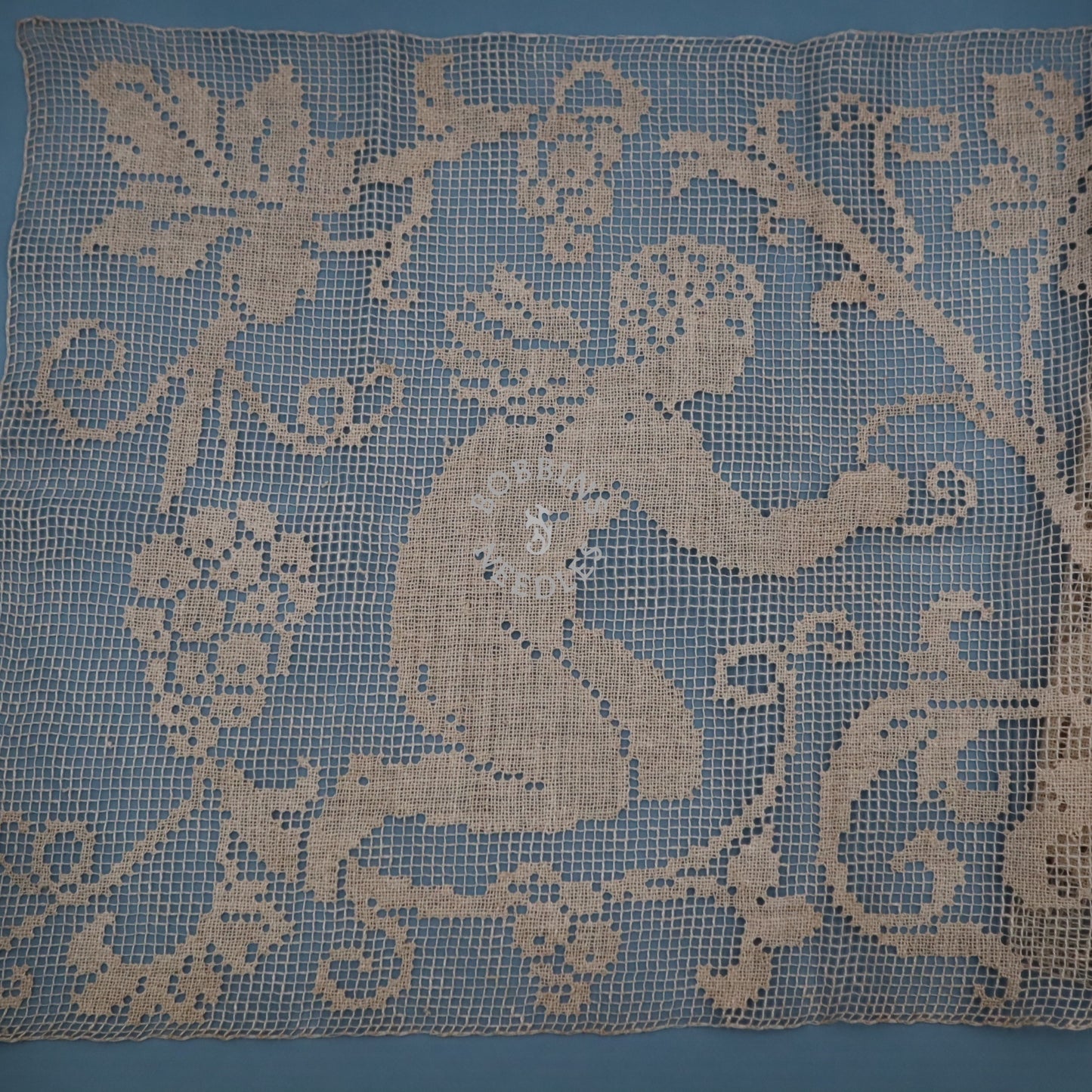 Handmade Filet Lace Panel with Putti and Cherub Motif – Antique European Linen Wall Hanging or Table Runner