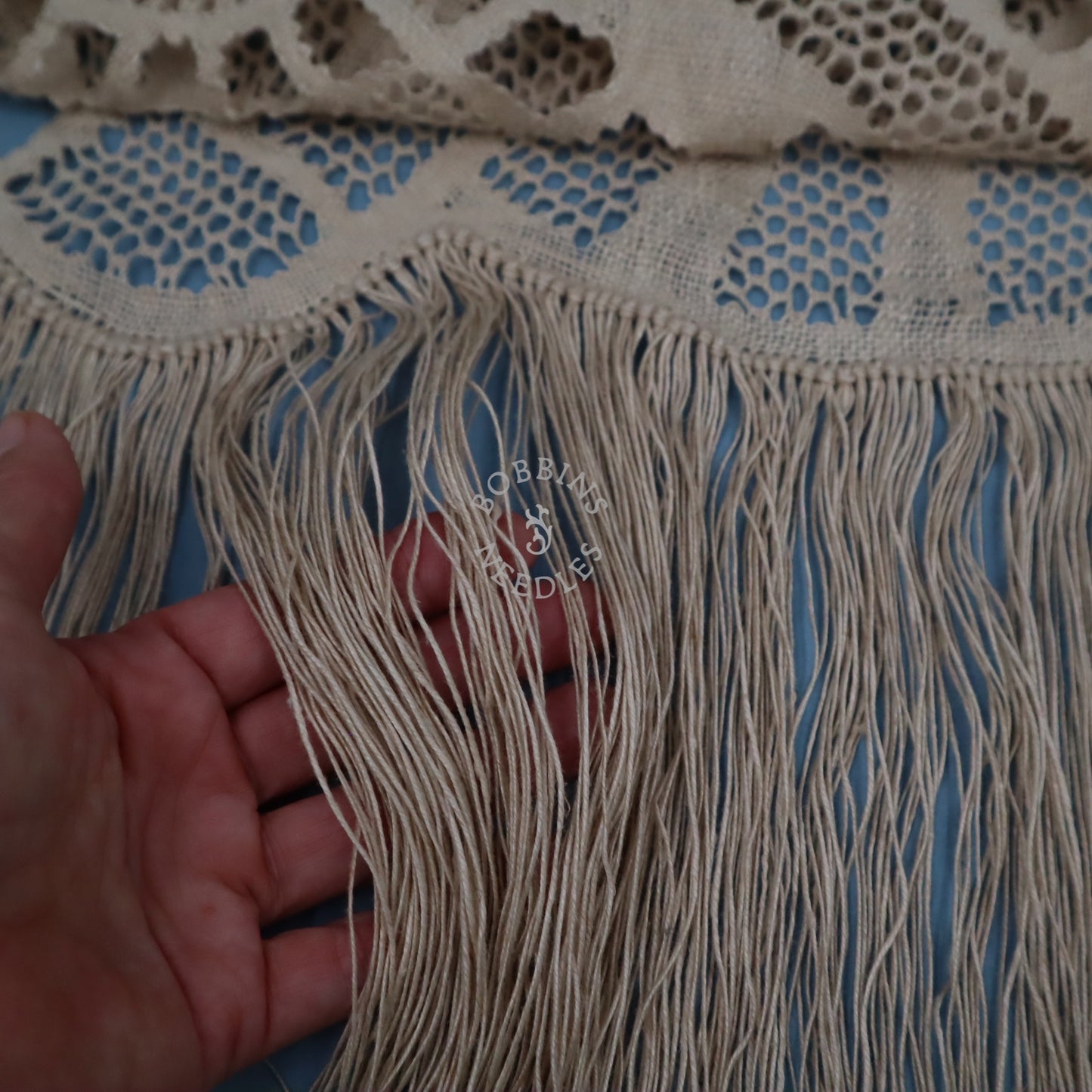 Antique Linen Bobbin Lace Panel with Long Fringe – French Handmade Lace