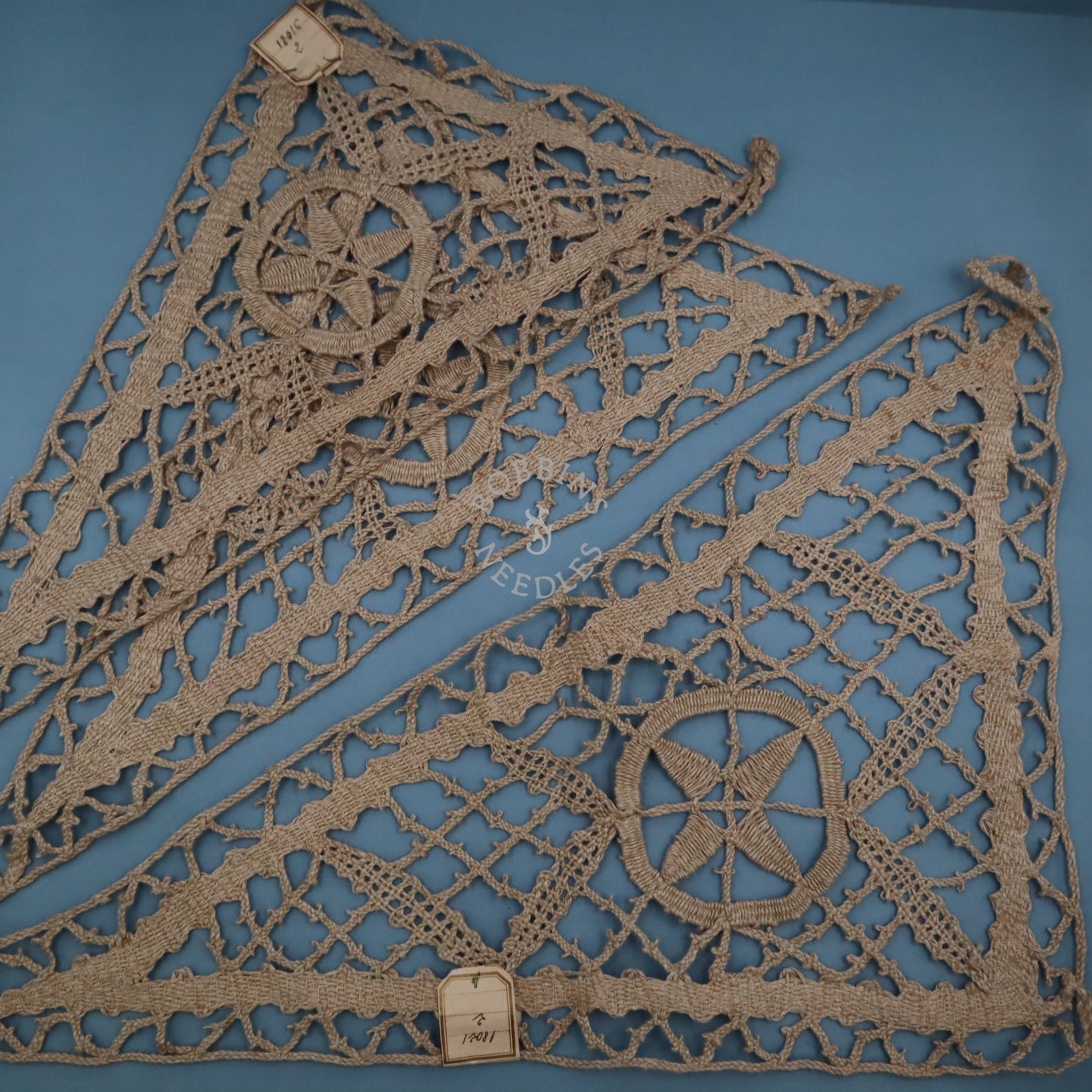 Set of 3 Antique French Handmade Bobbin Lace Corner Panels – Natural Fiber Triangular