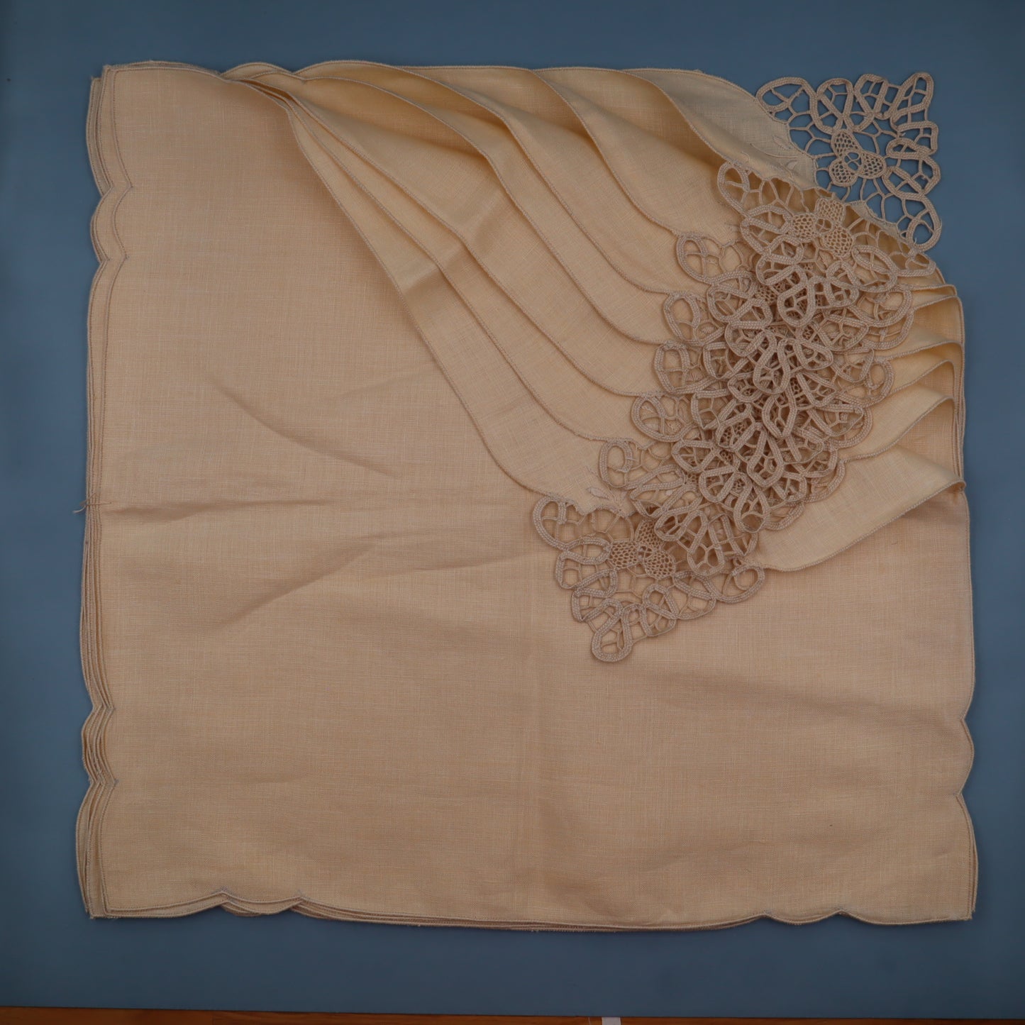 Antique Round Linen Tablecloth with Lace and Cutwork Embroidery – 180 cm with 8 Napkins