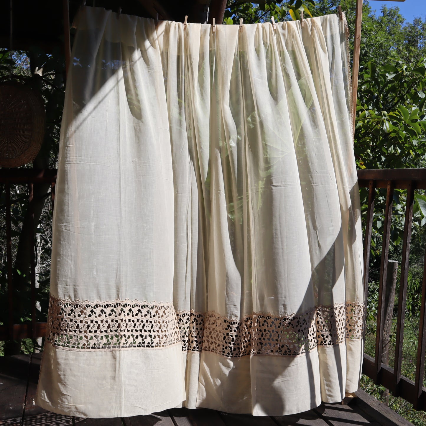 Antique Belgian Linen Curtain – 300 × 190 cm Swiss Linen Panel with Bruges Guipure Lace