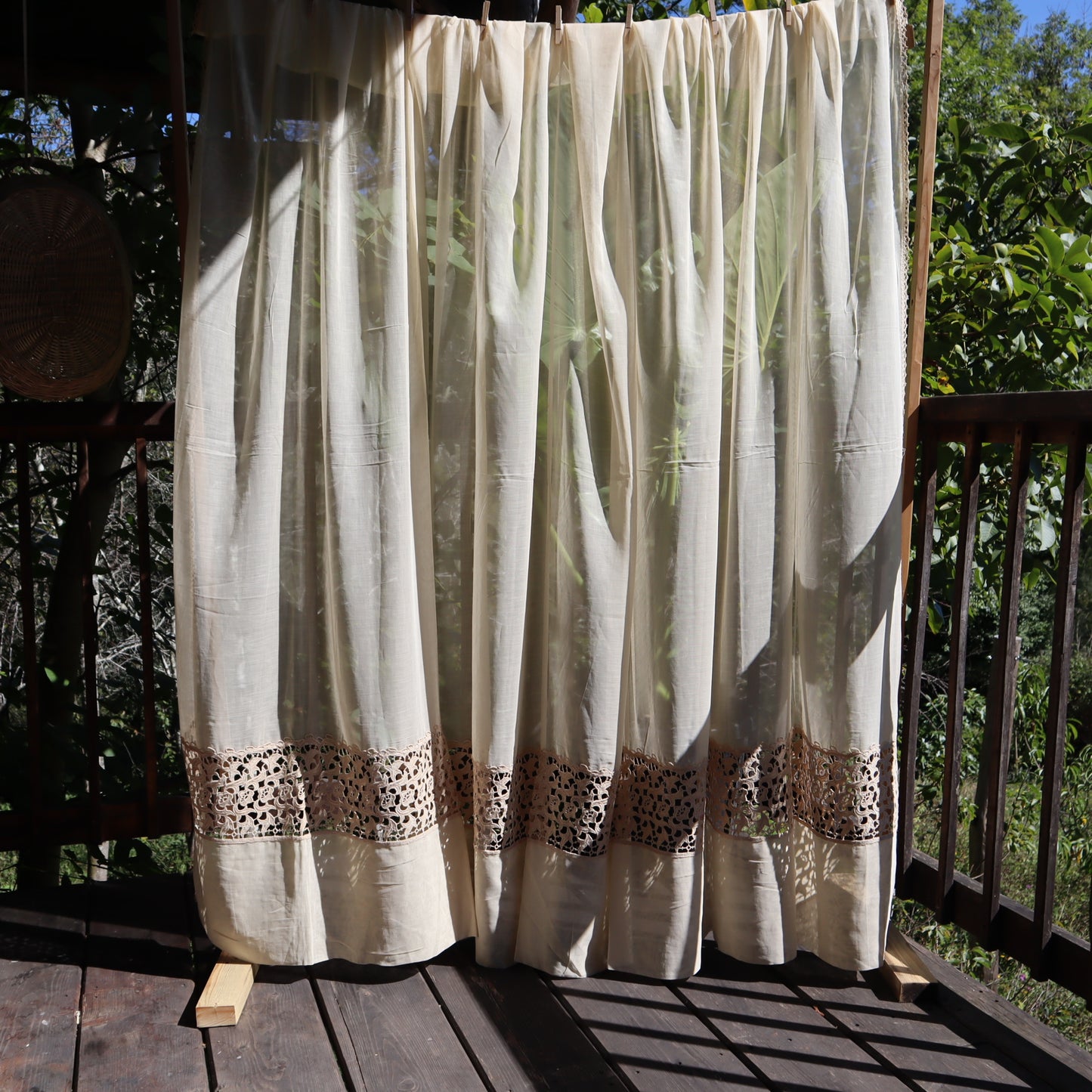 Antique Belgian Linen Curtain – 300 × 190 cm Swiss Linen Panel with Bruges Guipure Lace