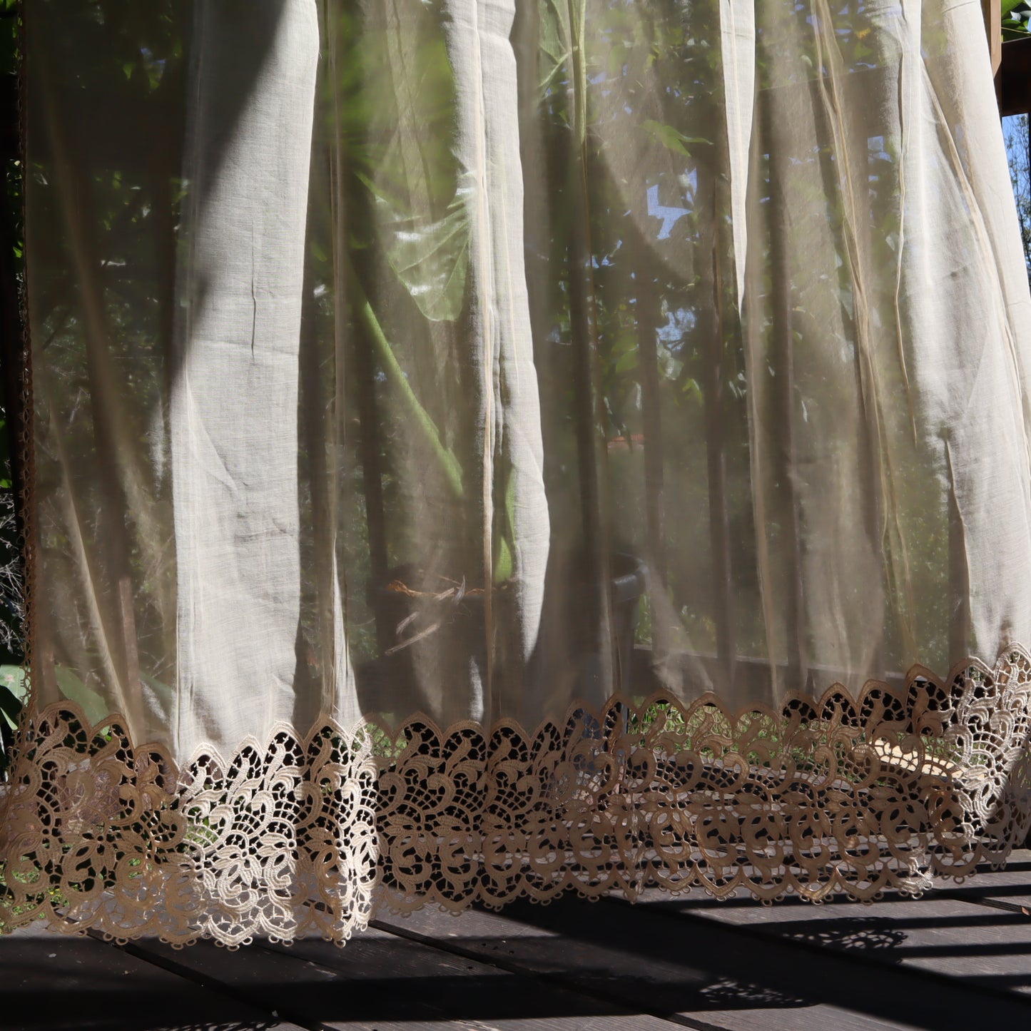 Antique Belgian Linen Curtain – 150 × 180 cm Swiss Linen Panel with Bruges Guipure Lace Border
