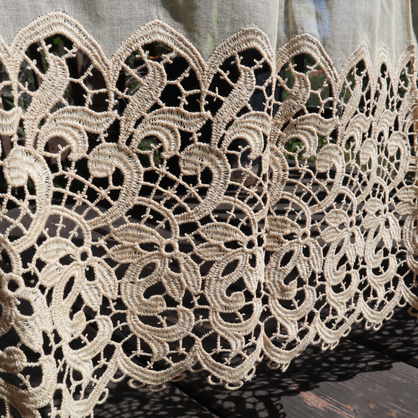 Antique Belgian Linen Curtain – 150 × 180 cm Swiss Linen Panel with Bruges Guipure Lace Border