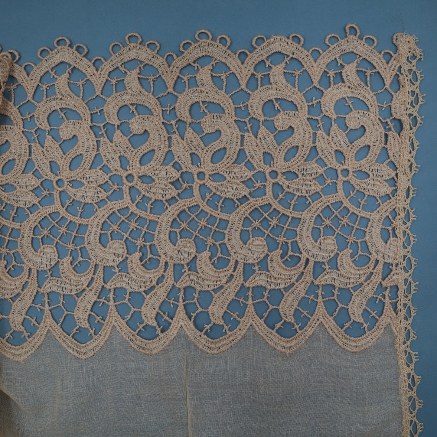Antique Belgian Linen Curtain – 150 × 180 cm Swiss Linen Panel with Bruges Guipure Lace Border
