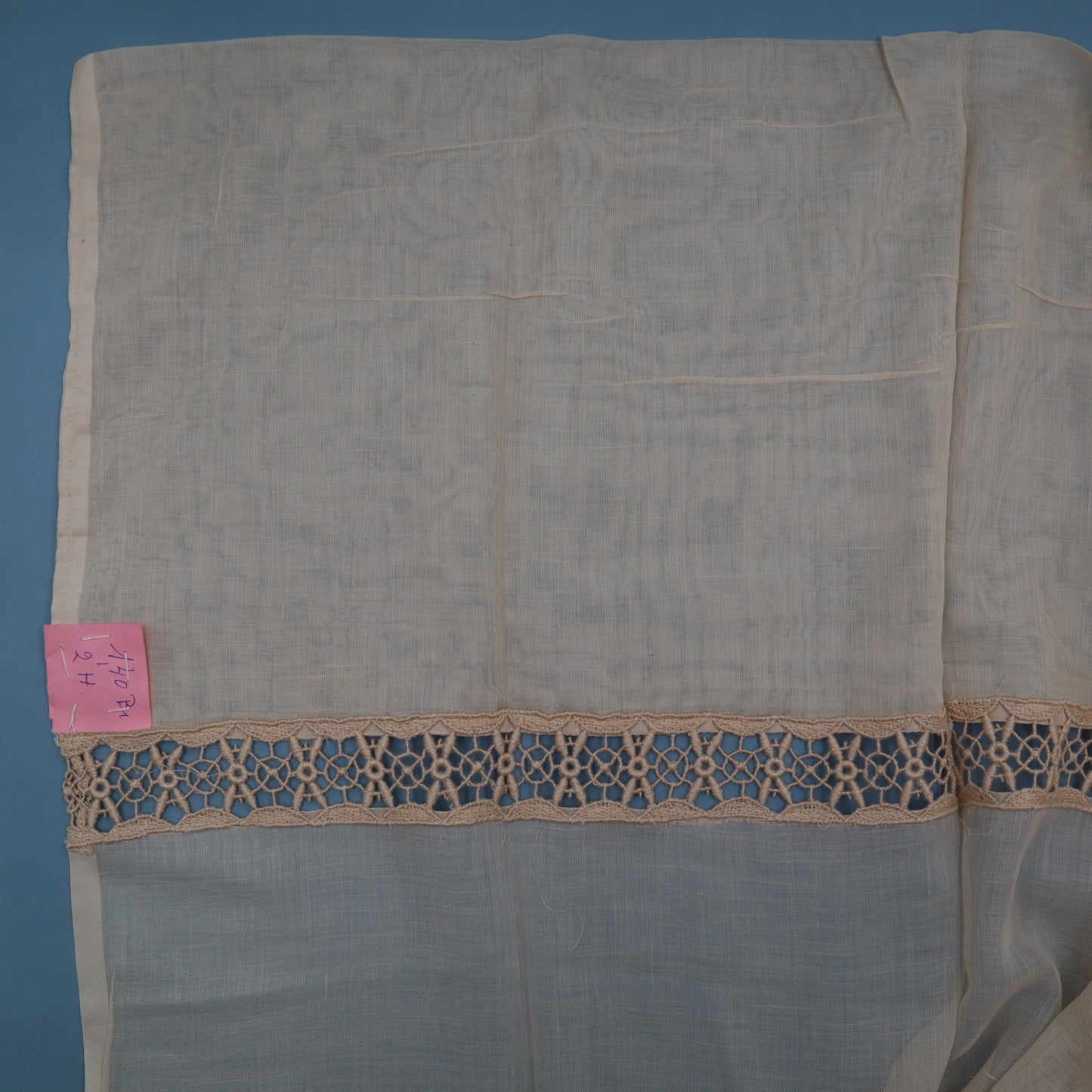 Antique Belgian Linen Curtain – 140 × 200 cm Swiss Linen Panel with 4 cm Bruges Guipure Lace Insertion
