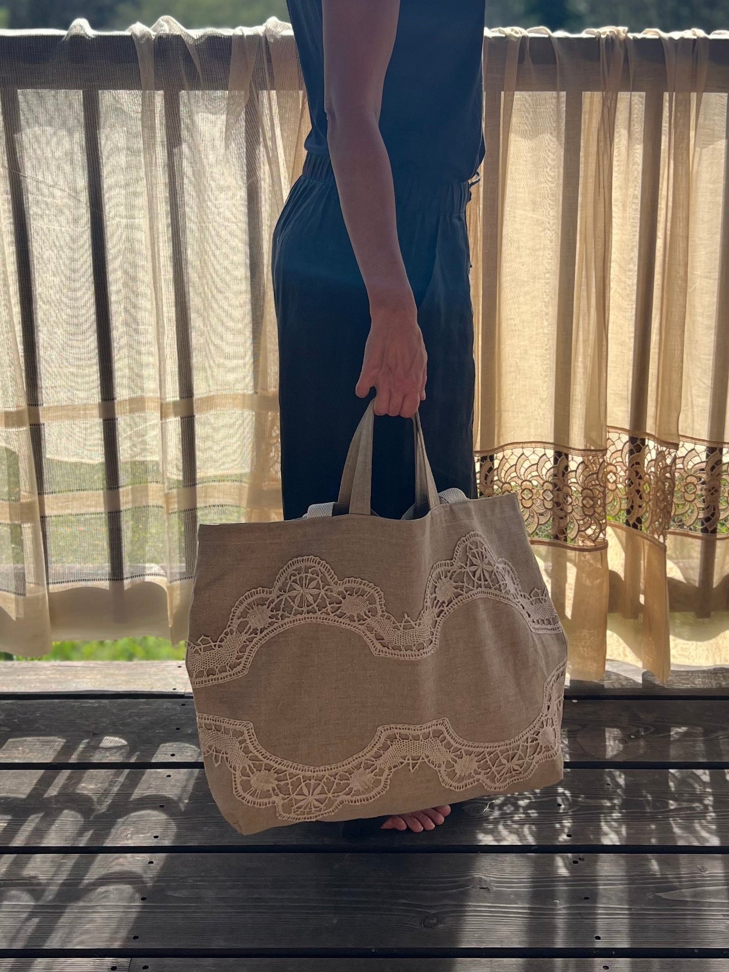 Large Tote Bag in Vintage Belgian Linen | Handmade Limited Edition | Taupe Grey - Bobbins&Needles