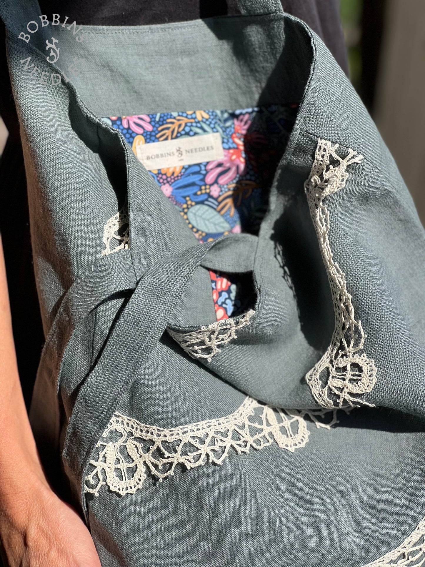 Linen Tote Bag | European Linen | Handmade | One of a Kind | Dusty teal - Bobbins&Needles