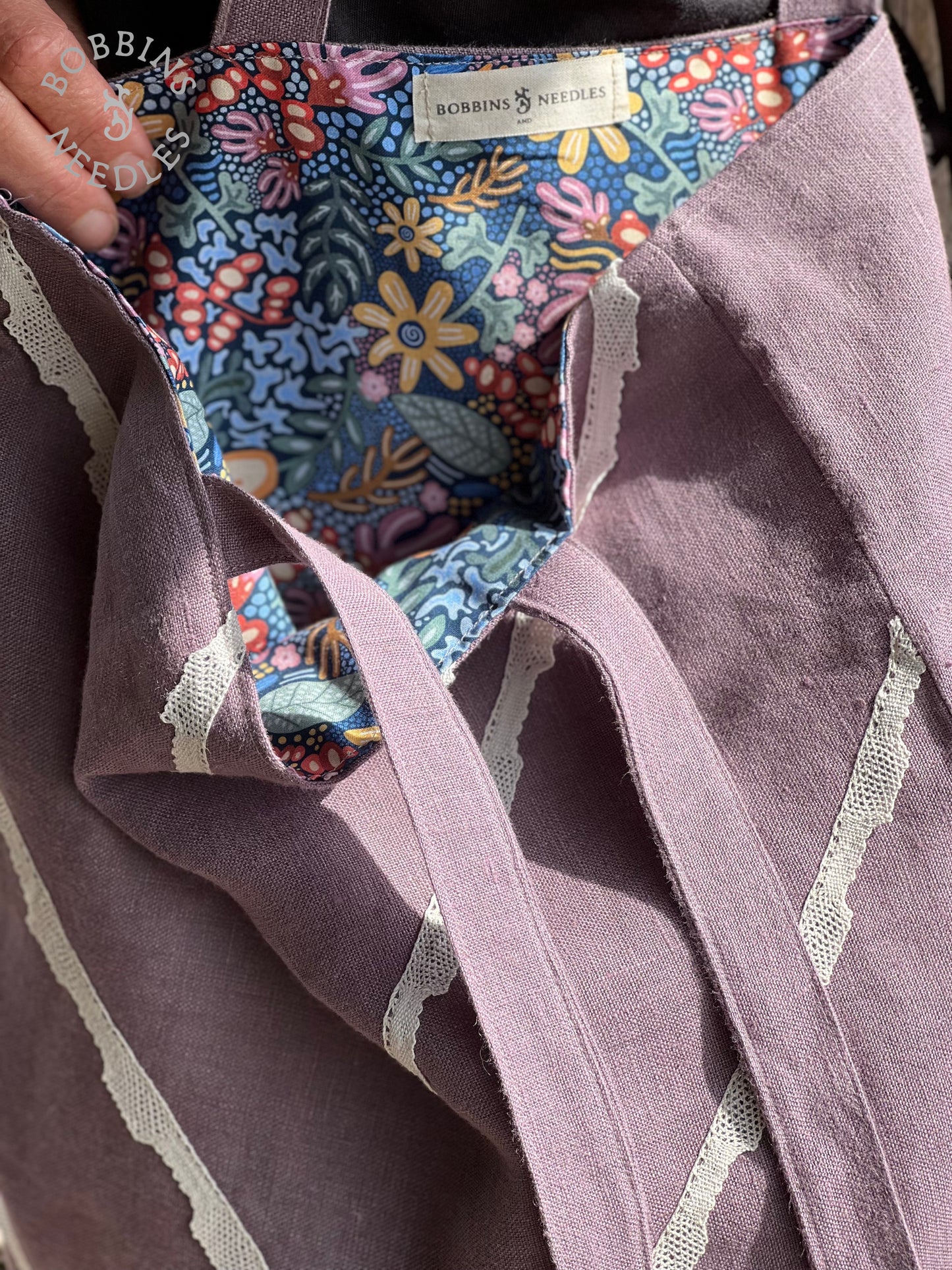 Lilac Linen Tote Bag | European Linen | Handmade French Lace - Bobbins&Needles