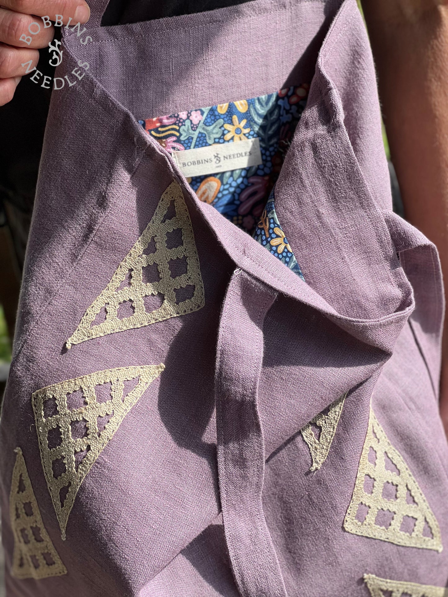 Lilac Linen Tote Bag | Antique Handmade Lace | One of a Kind - Bobbins&Needles
