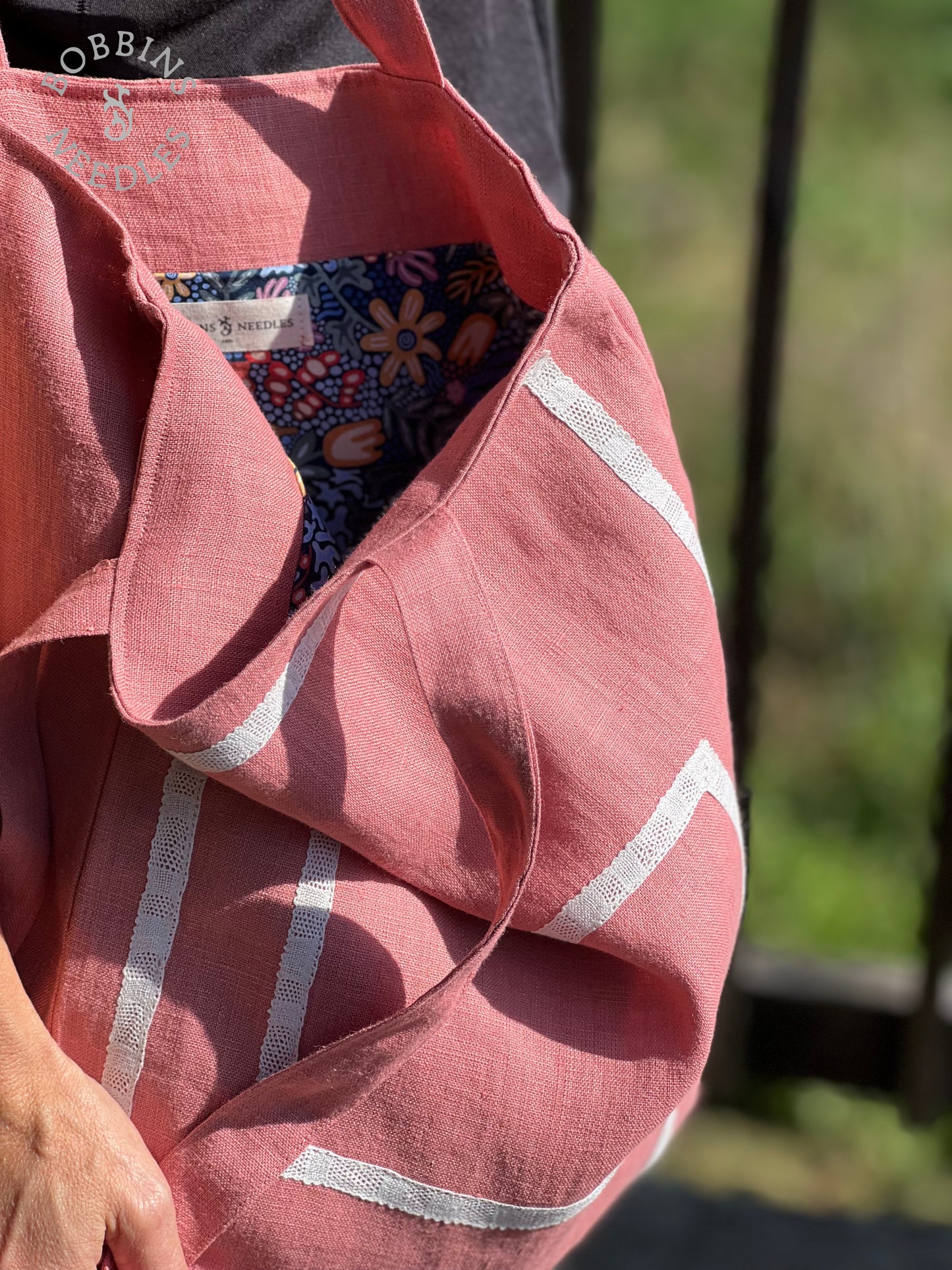 Pink Linen Tote Bag | European Linen | Handmade Lace - Bobbins&Needles