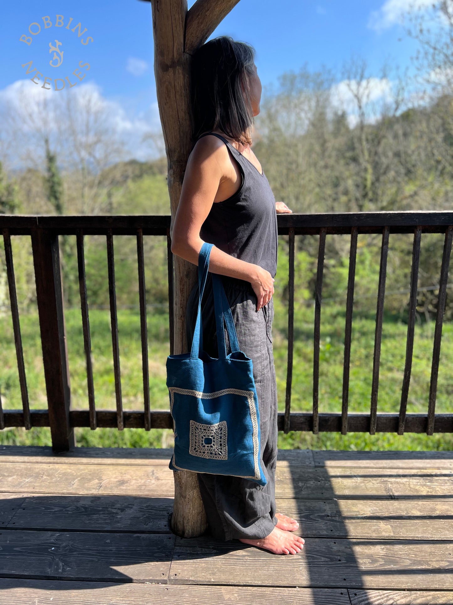 Teal Linen Tote Bag | European Linen | One of a Kind - Bobbins&Needles