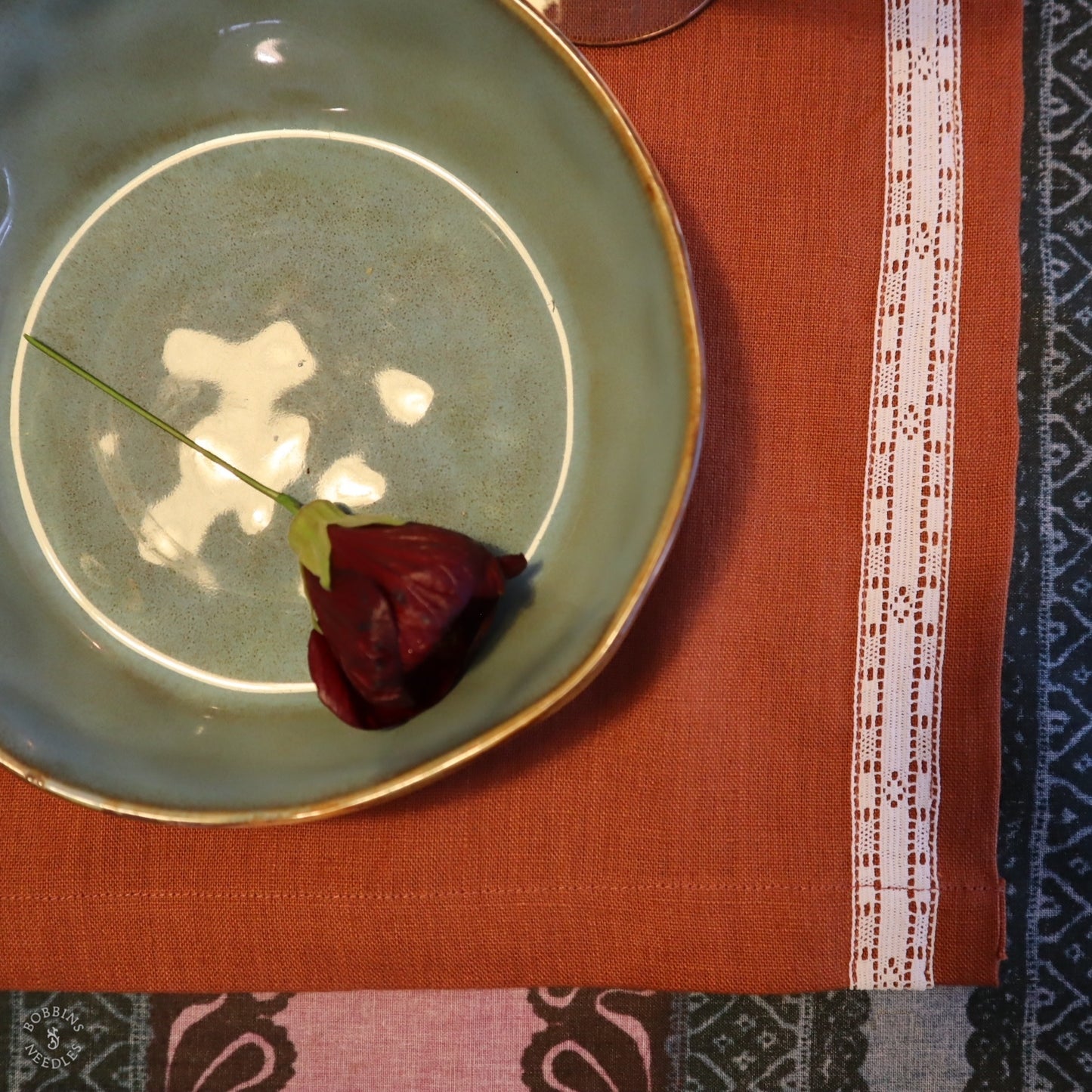 Linen Placemat with Vintage Lace Trim in Terracota Linen Color
