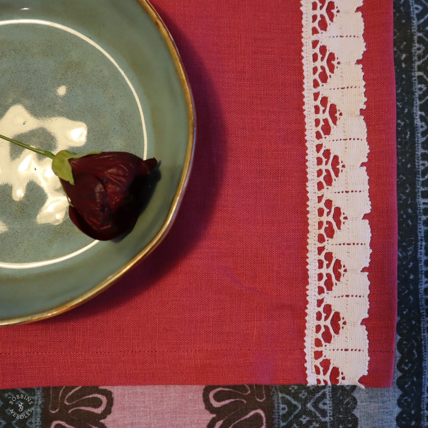Linen Placemats with Vintage Lace Trim - Set of 2 in Raspberry Linen Color