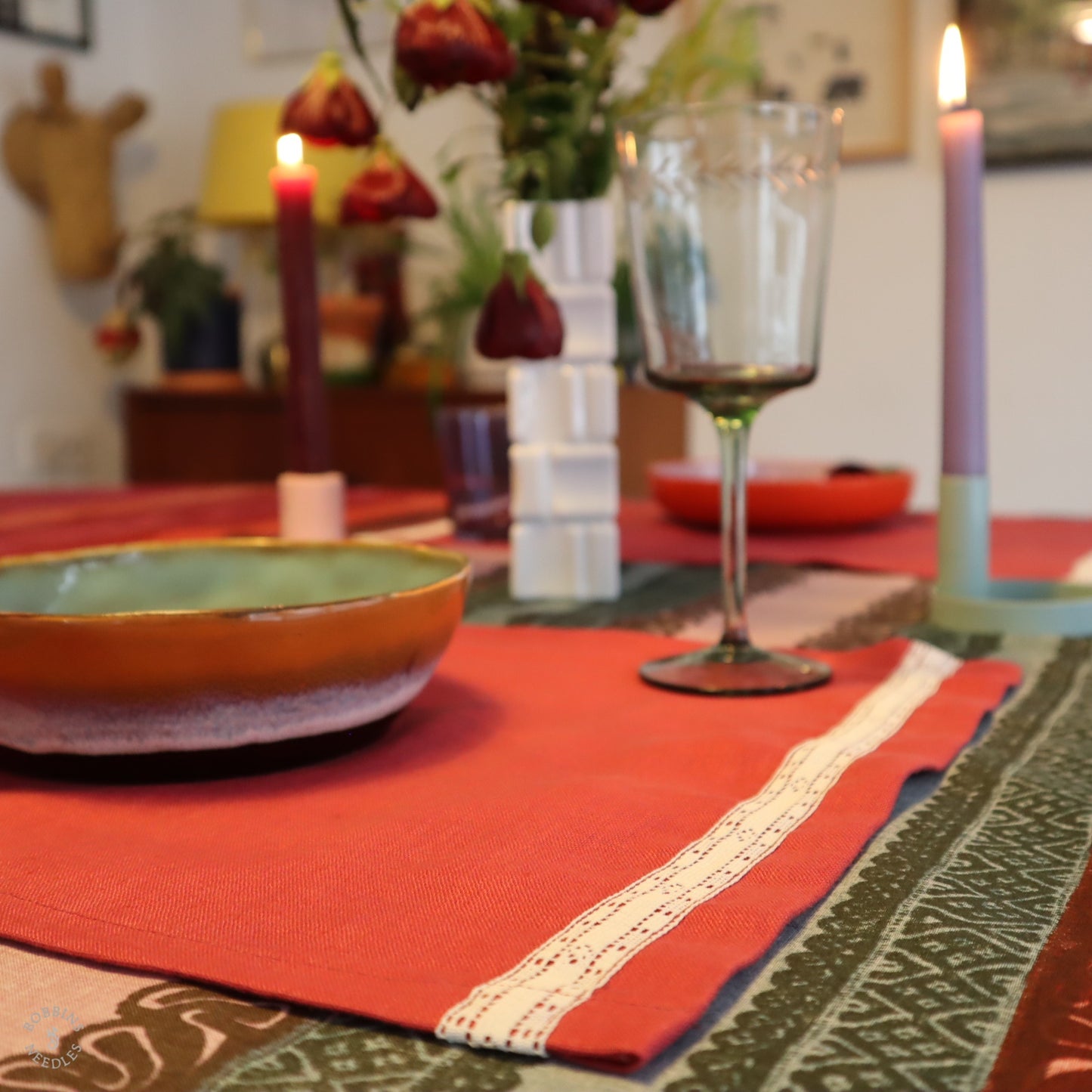 Set of 3Linen Placemats with Vintage Lace Trim in Raspberry Linen Color