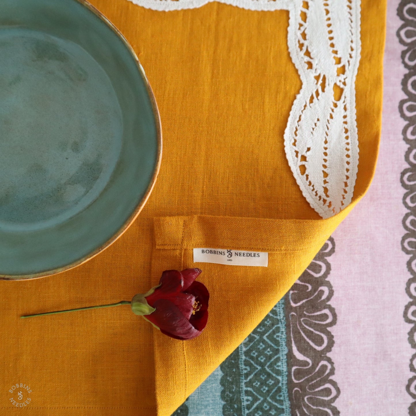 Mustard Linen Placemats with Handmade Lace Inserts (Set of 2)