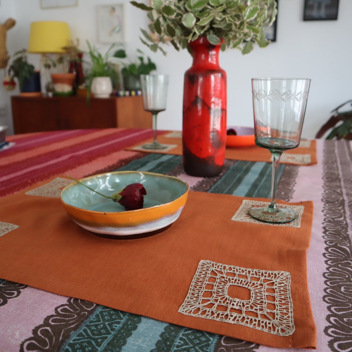Set of 2 Linen Placemats with Handmade Lace Inserts in Terracota linen