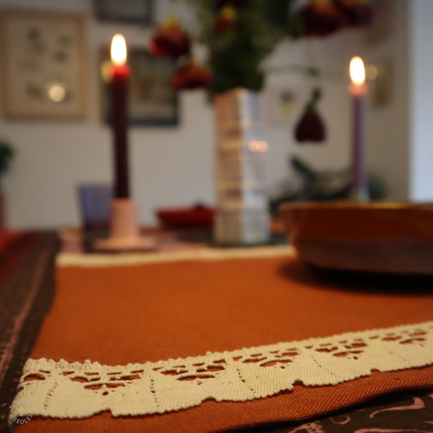Set of 2 Linen Placemats with Vintage Lace Trim in Terracota Linen Color