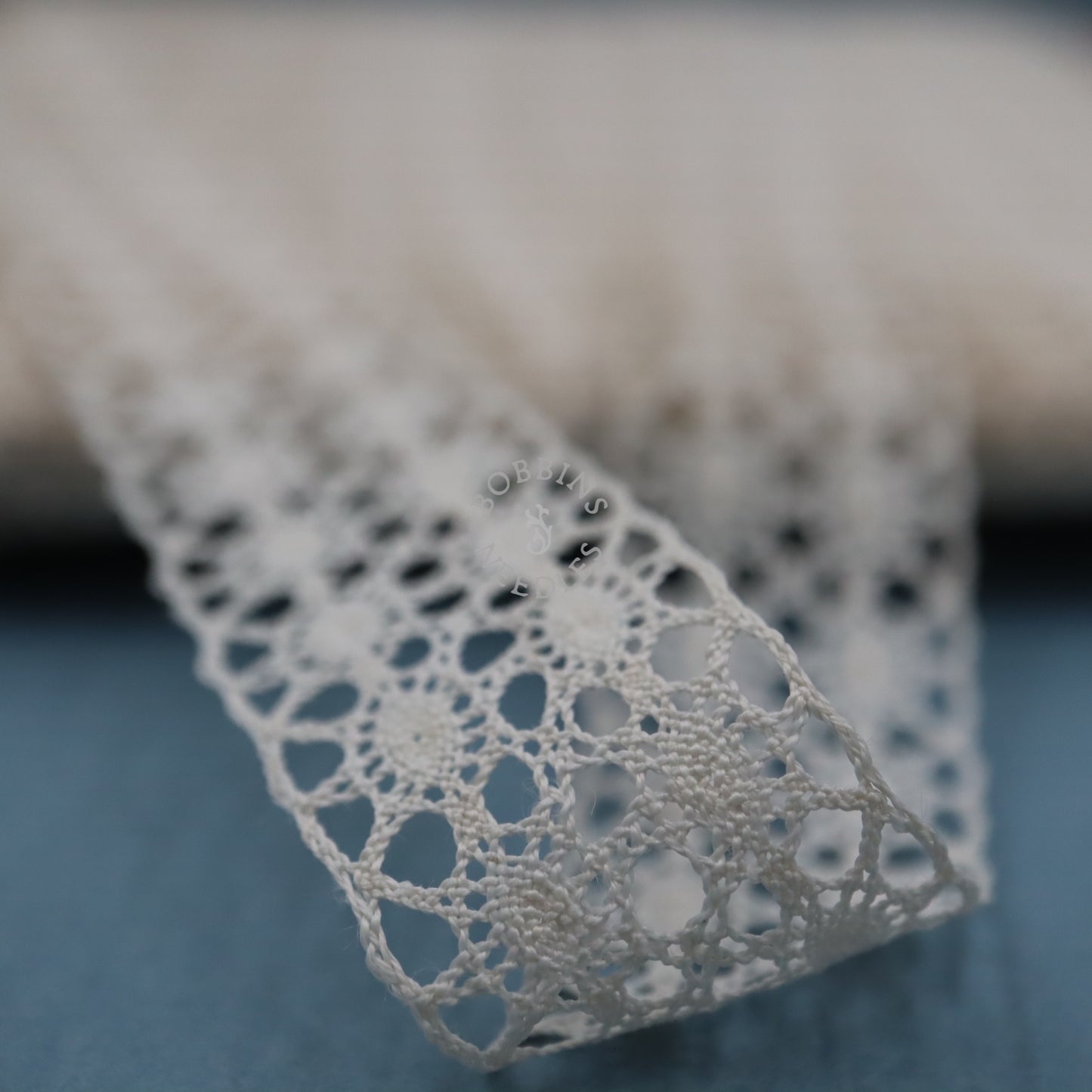 Vintage French Cotton Bobbin Insertion Lace with Oval Openwork Pattern