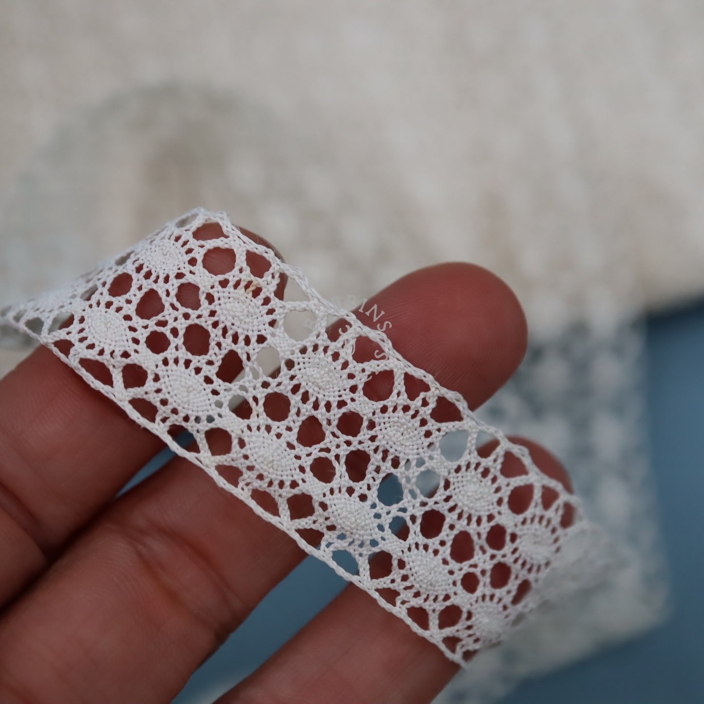 Vintage French Cotton Bobbin Insertion Lace with Oval Openwork Pattern