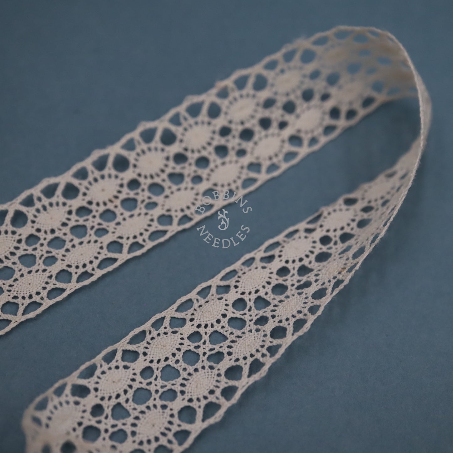 Vintage French Cotton Bobbin Insertion Lace with Oval Openwork Pattern