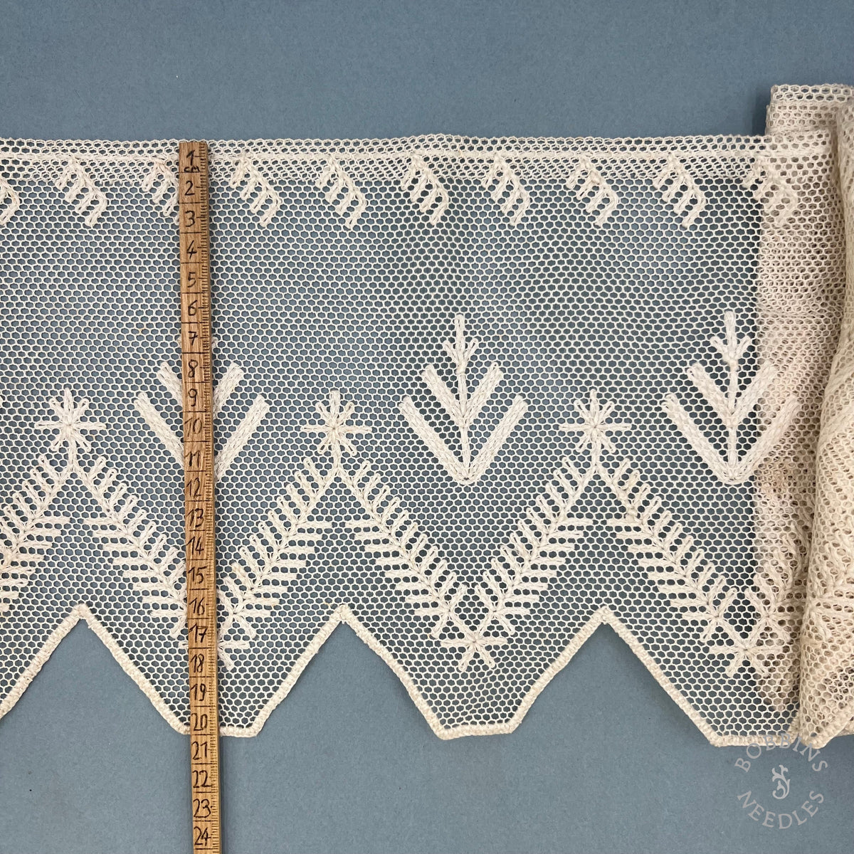 Antique Hand Embroidered Net Lace Panel – 290 × 20 cm