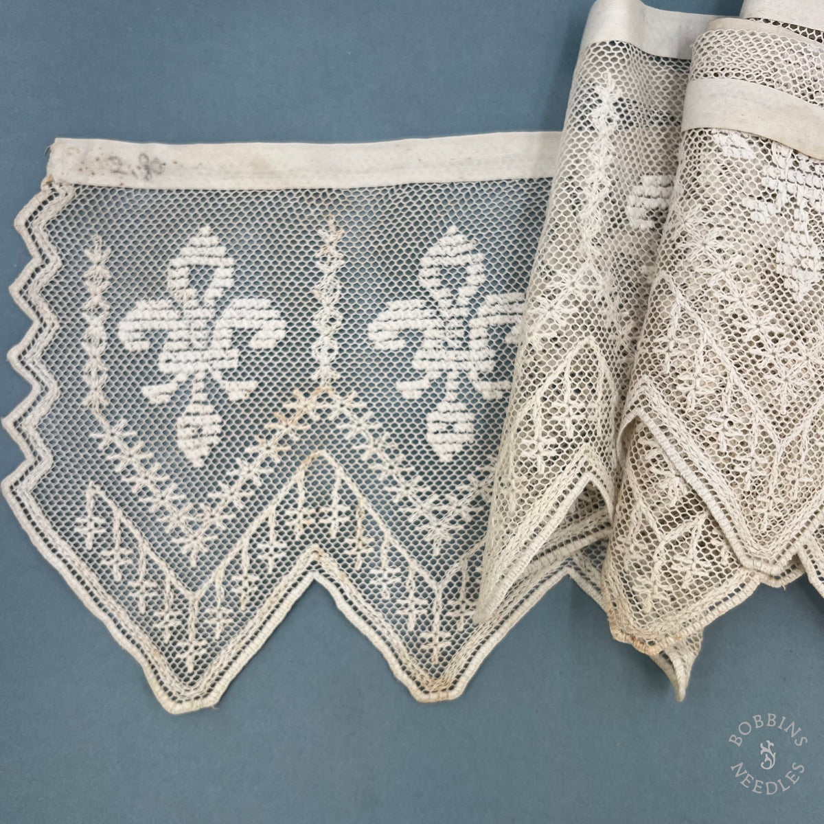 Antique Handmade Embroidered Net Lace Border with Fleur-de-Lis – 385 × 20 cm