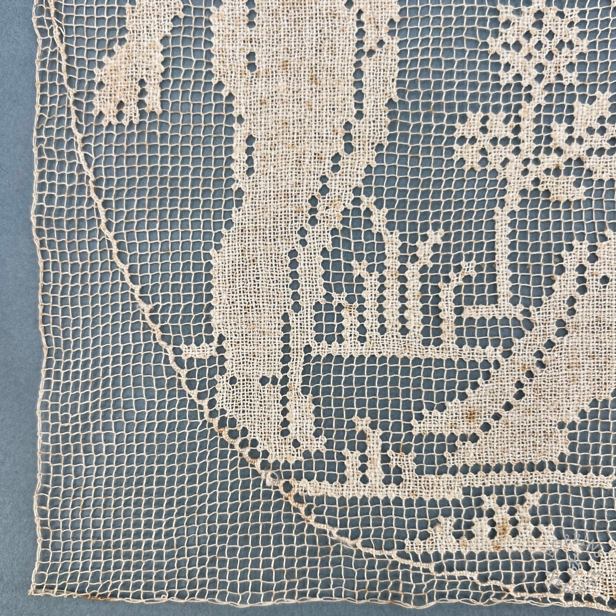 Antique Handmade Filet Lace Panel with Cherubs and Grapevines