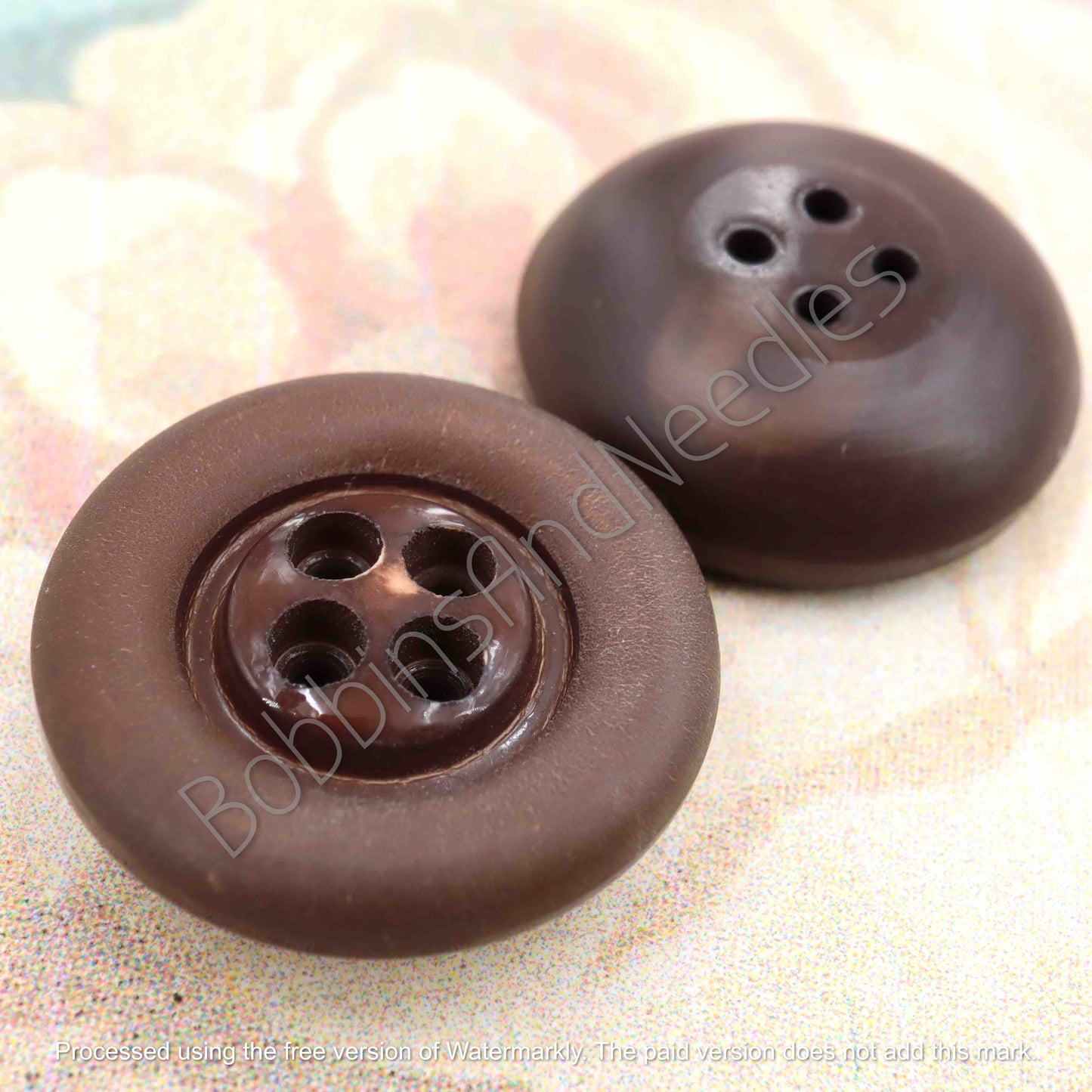 Set of 2 Casein Buttons Ø 27mm Chocolate Brown Four-Hole Design - Bobbins&Needles