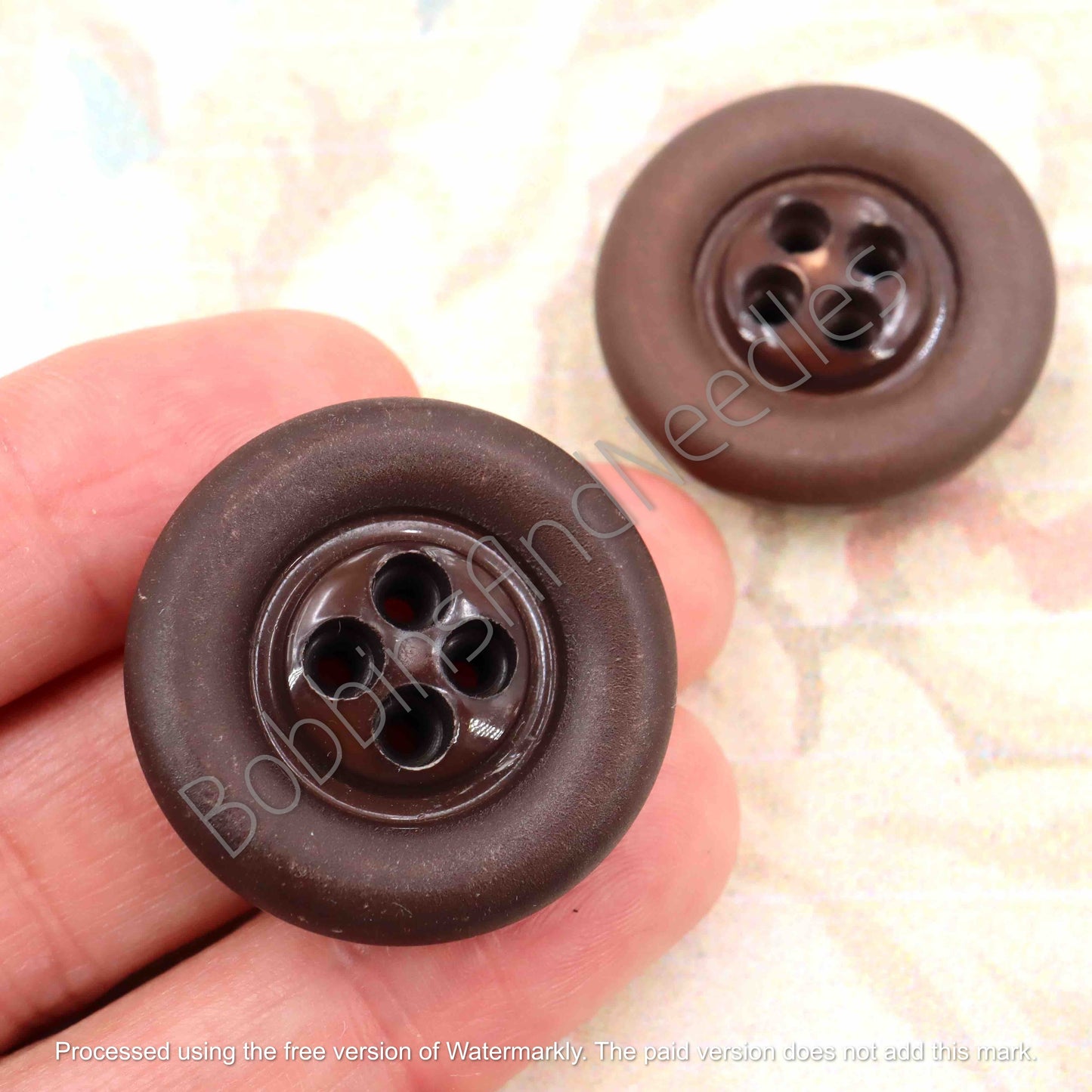 Set of 2 Casein Buttons Ø 27mm Chocolate Brown Four-Hole Design - Bobbins&Needles