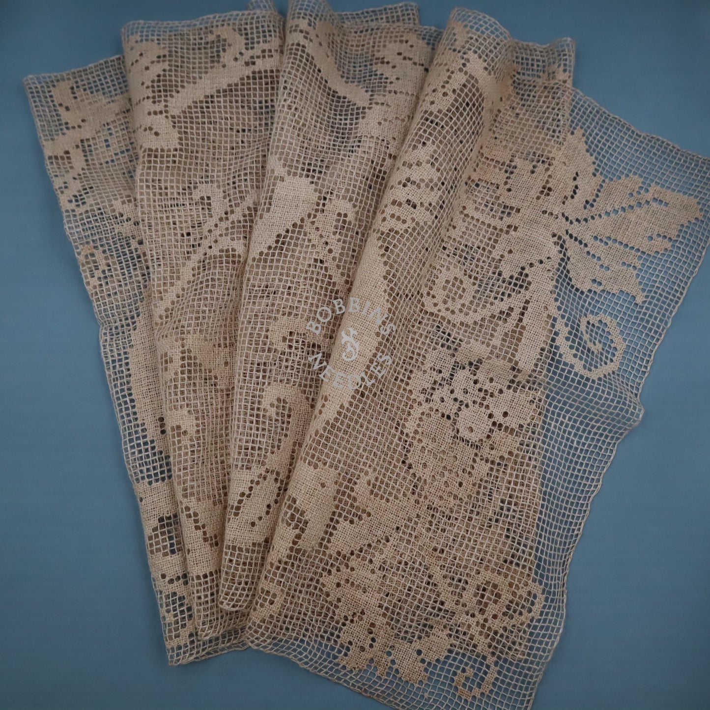 Handmade Filet Lace Panel with Putti and Cherub Motif – Antique European Linen Wall Hanging or Table Runner