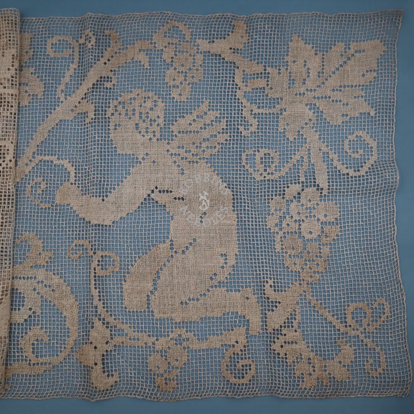 Handmade Filet Lace Panel with Putti and Cherub Motif – Antique European Linen Wall Hanging or Table Runner
