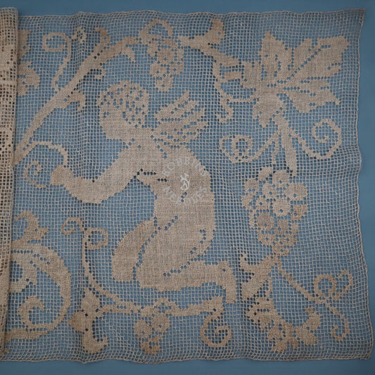 Handmade Filet Lace Panel with Putti and Cherub Motif – Antique European Linen Wall Hanging or Table Runner