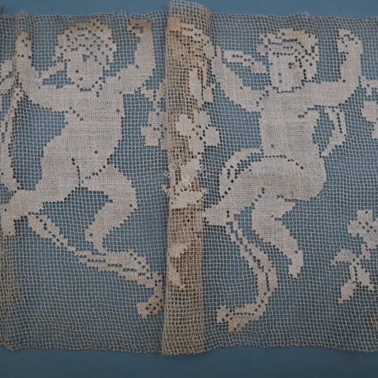 Antique Belgian Handmade Filet Lace Panel with Putti and Floral Garland – Linen Net Lace