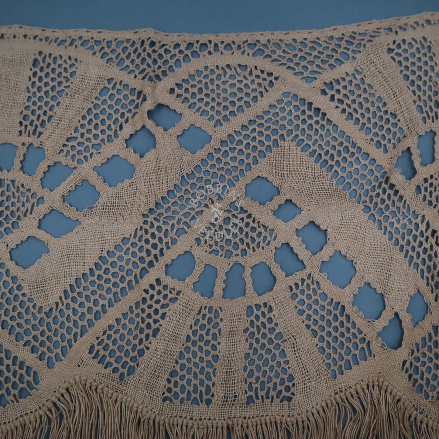 Antique Linen Bobbin Lace Panel with Long Fringe – French Handmade Lace