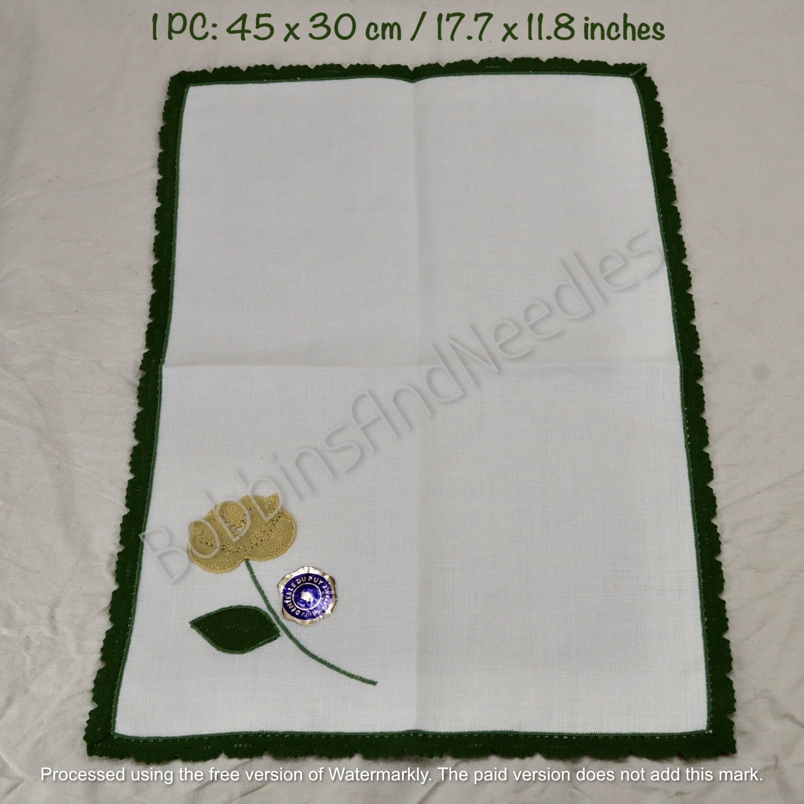 Linen Table Set with Handmade Dentelle du Puy Lace Borders and Floral Lace Inserts 16 pieces