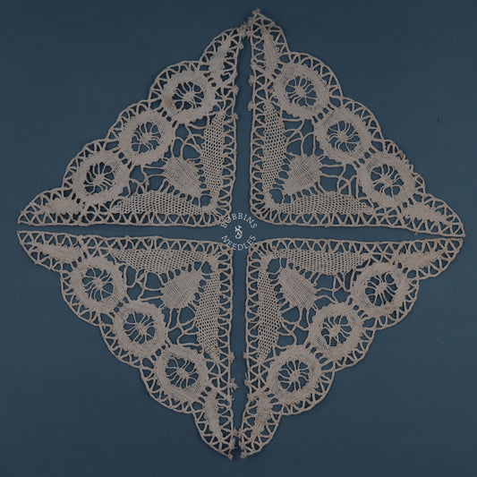 Set of 5 Antique Bobbin Lace Corners – Circular Motifs & Scalloped Edge