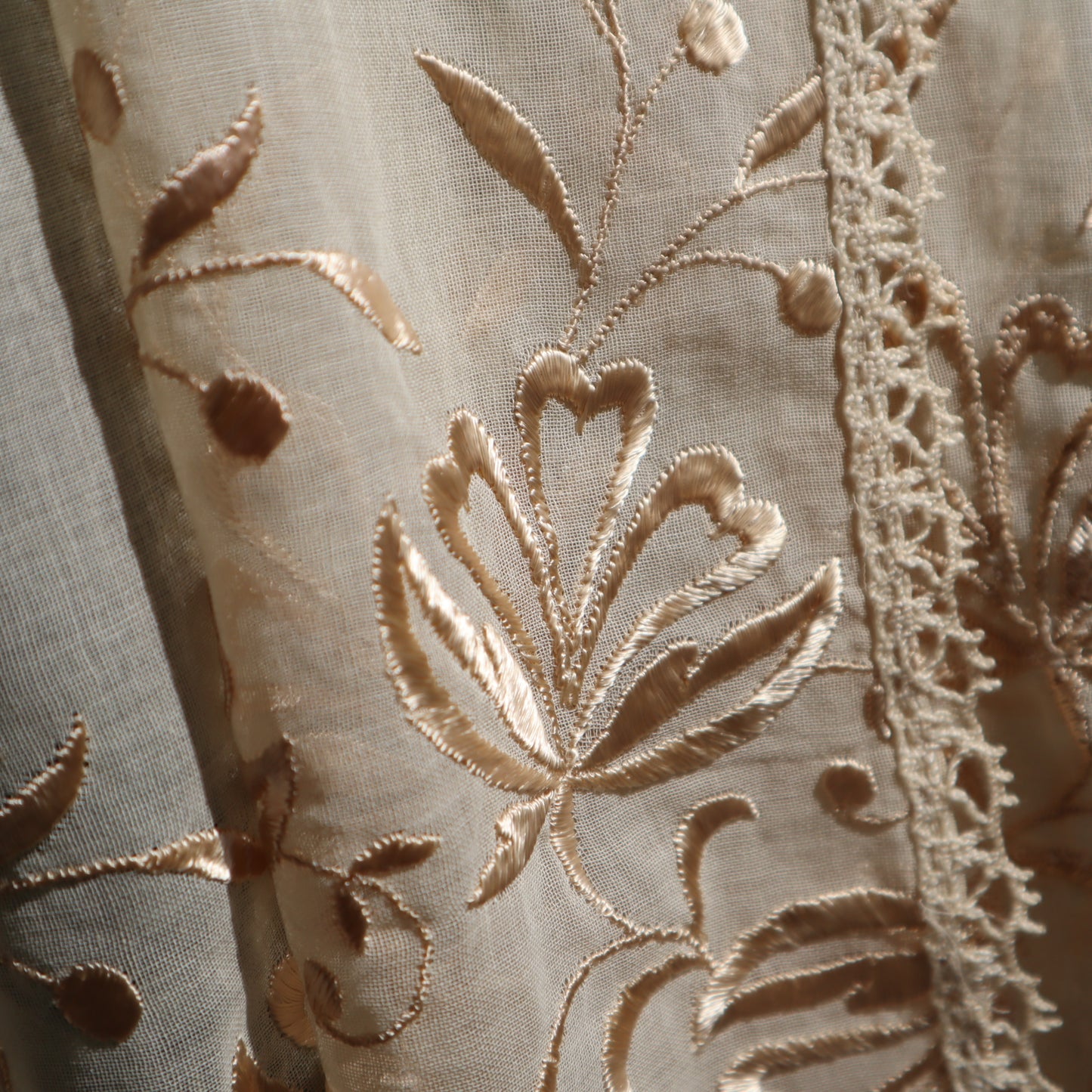 Antique Belgian Linen Curtain with Embroidered Border – 200 × 180 cm