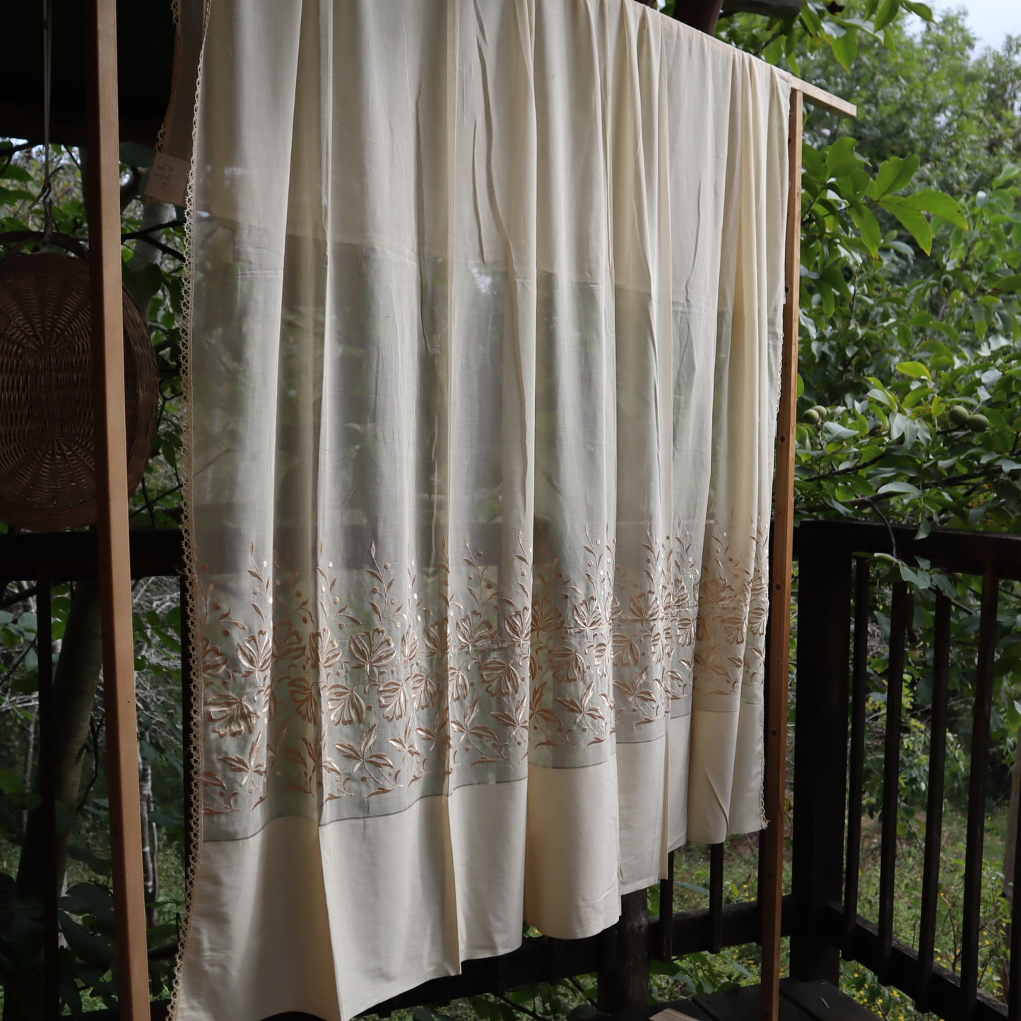 Antique Belgian Linen Curtain with Embroidered Border – 200 × 180 cm