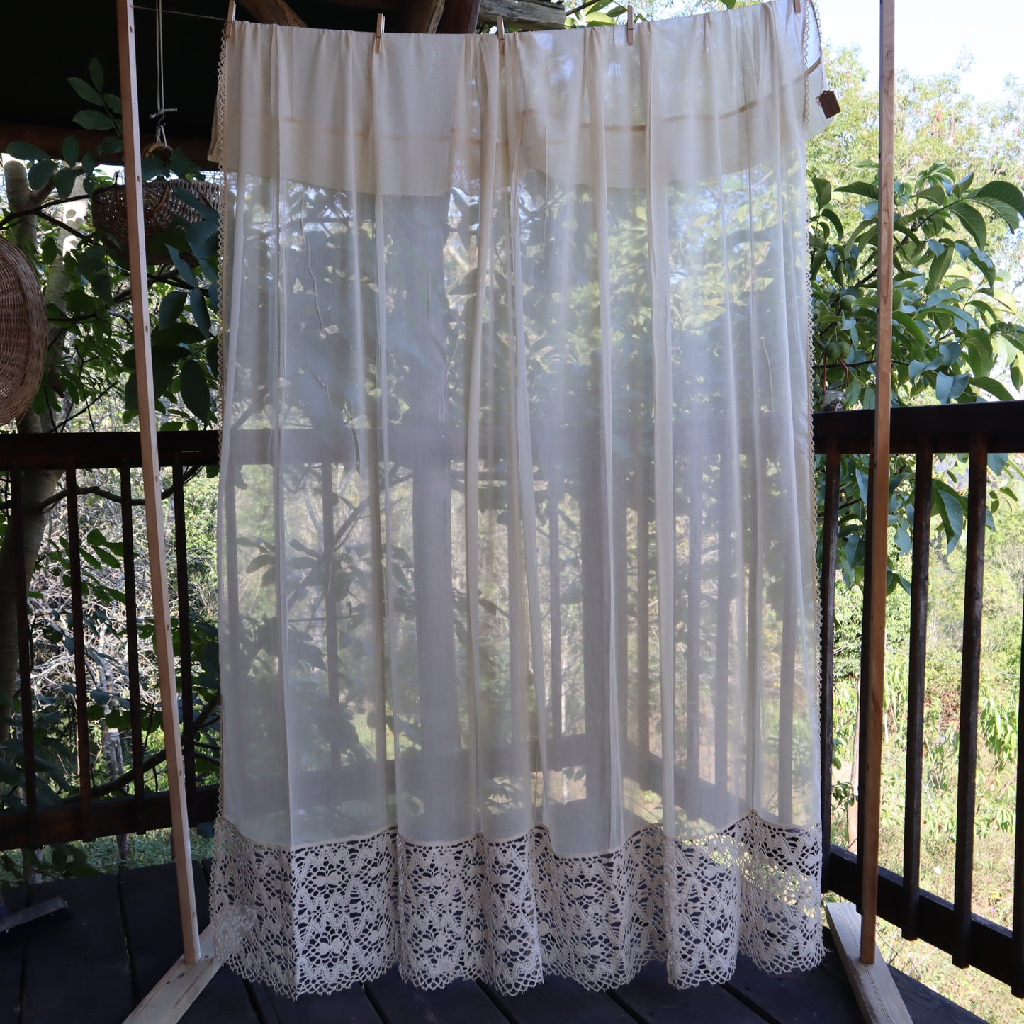 Antique Belgian Curtain – Swiss Linen Panel with 30 cm Bruges Bobbin Lace Border – 190 × 213 cm