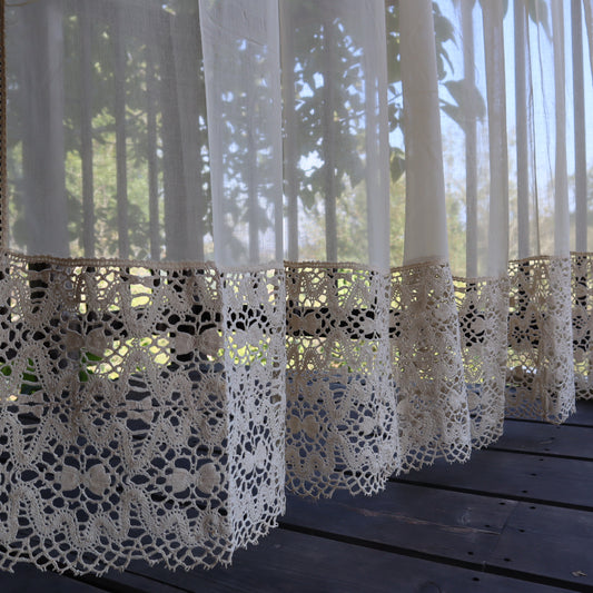 Antique Belgian Curtain – Swiss Linen Panel with 30 cm Bruges Bobbin Lace Border – 190 × 213 cm