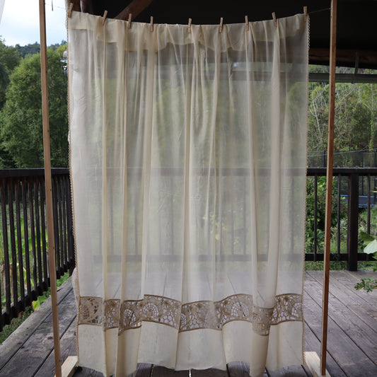Antique Belgian Curtain – Swiss Linen Panel with Handmade Bruges Bobbin Lace Insertion – 246 × 200 cm