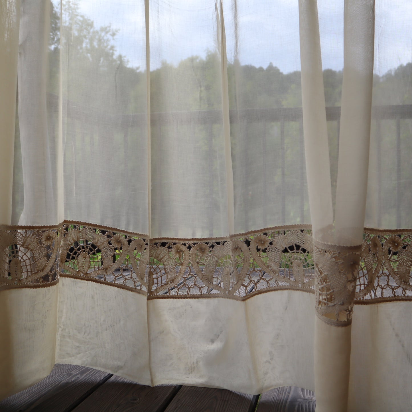 Antique Belgian Curtain – Swiss Linen Panel with Handmade Bruges Bobbin Lace Insertion – 246 × 200 cm