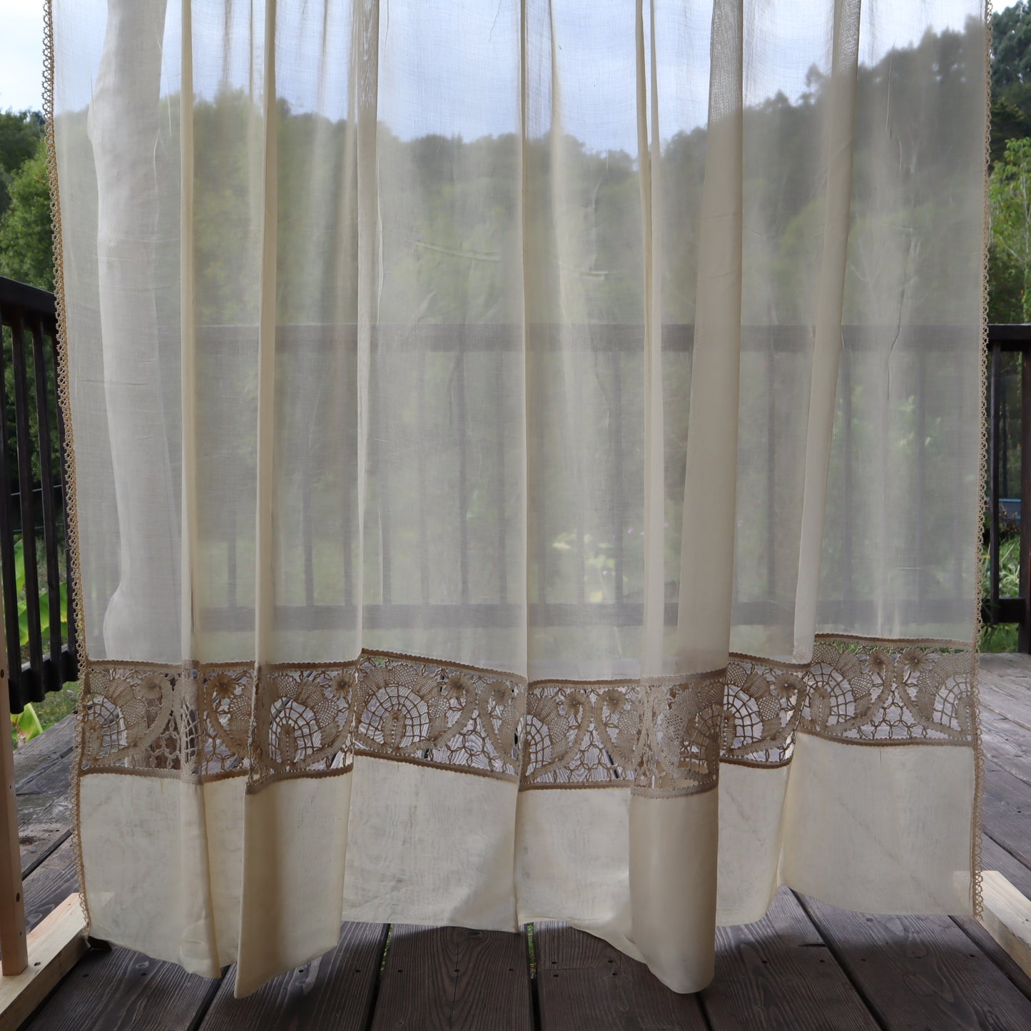 Antique Belgian Curtain – Swiss Linen Panel with Handmade Bruges Bobbin Lace Insertion – 246 × 200 cm
