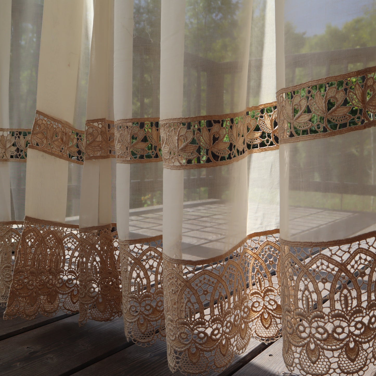 Antique Belgian Linen Curtain – 300 × 200 cm Swiss Linen Panel with Bruges Guipure Lace Border and Insertion