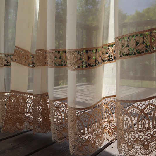 Antique Belgian Linen Curtain – 300 × 200 cm Swiss Linen Panel with Bruges Guipure Lace Border and Insertion