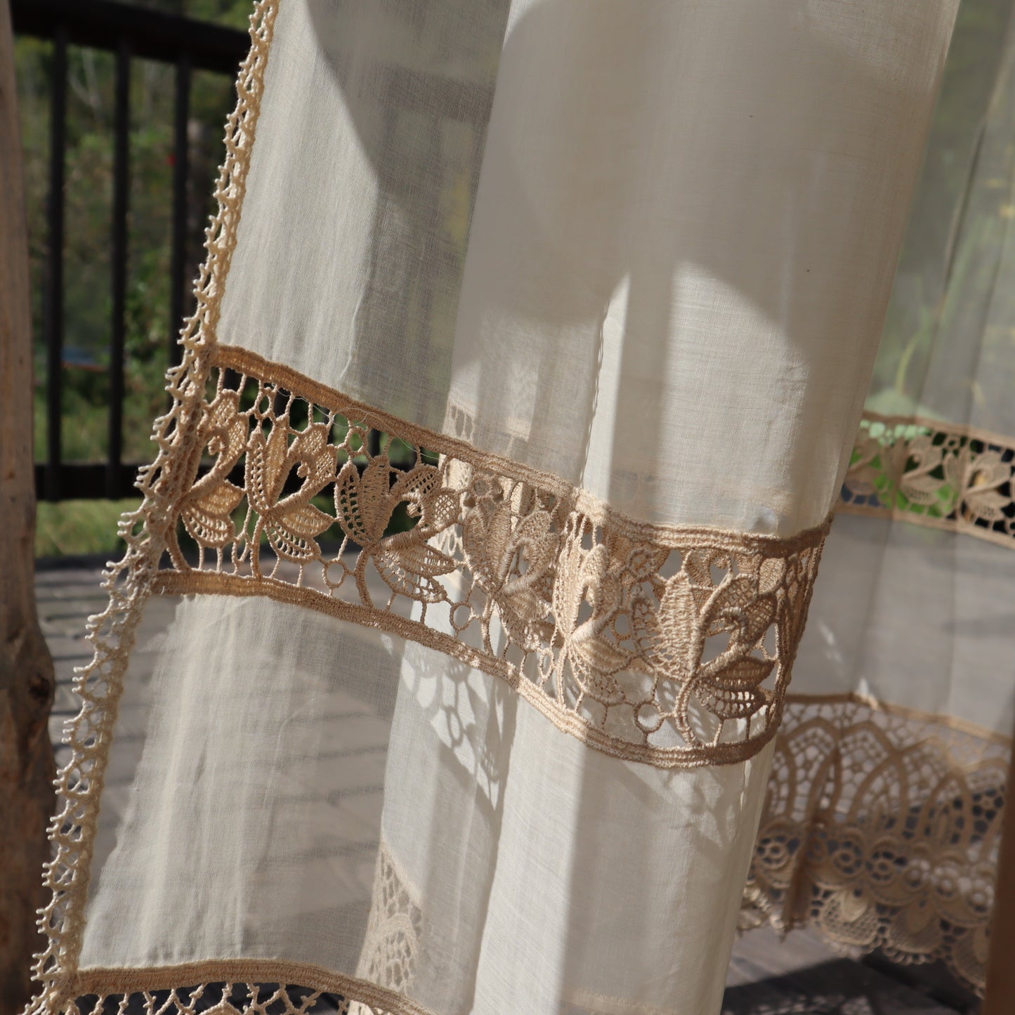 Antique Belgian Linen Curtain – 300 × 200 cm Swiss Linen Panel with Bruges Guipure Lace Border and Insertion