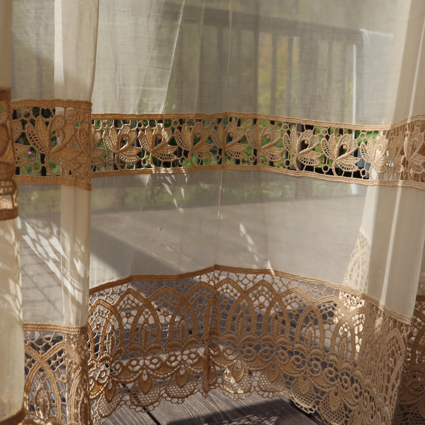 Antique Belgian Linen Curtain – 300 × 200 cm Swiss Linen Panel with Bruges Guipure Lace Border and Insertion